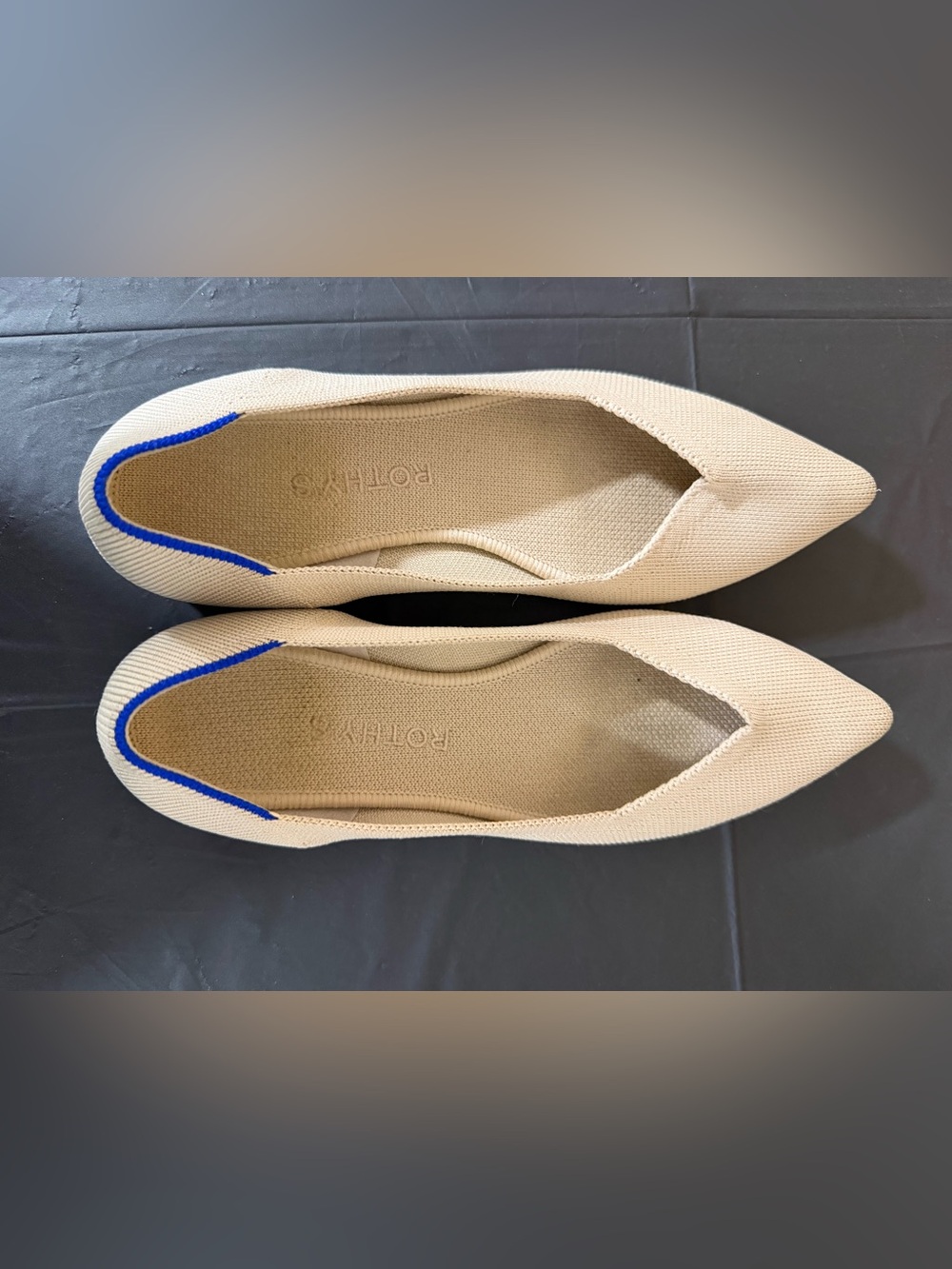 Rothy's Beige Knit Pointed Toe Flats with Blue Trim